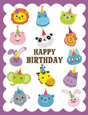 Party Hat Animal Faces Glitter Card